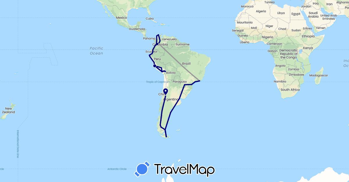 TravelMap itinerary: driving, plane in Argentina, Bolivia, Brazil, Colombia, Ecuador, Peru (South America)